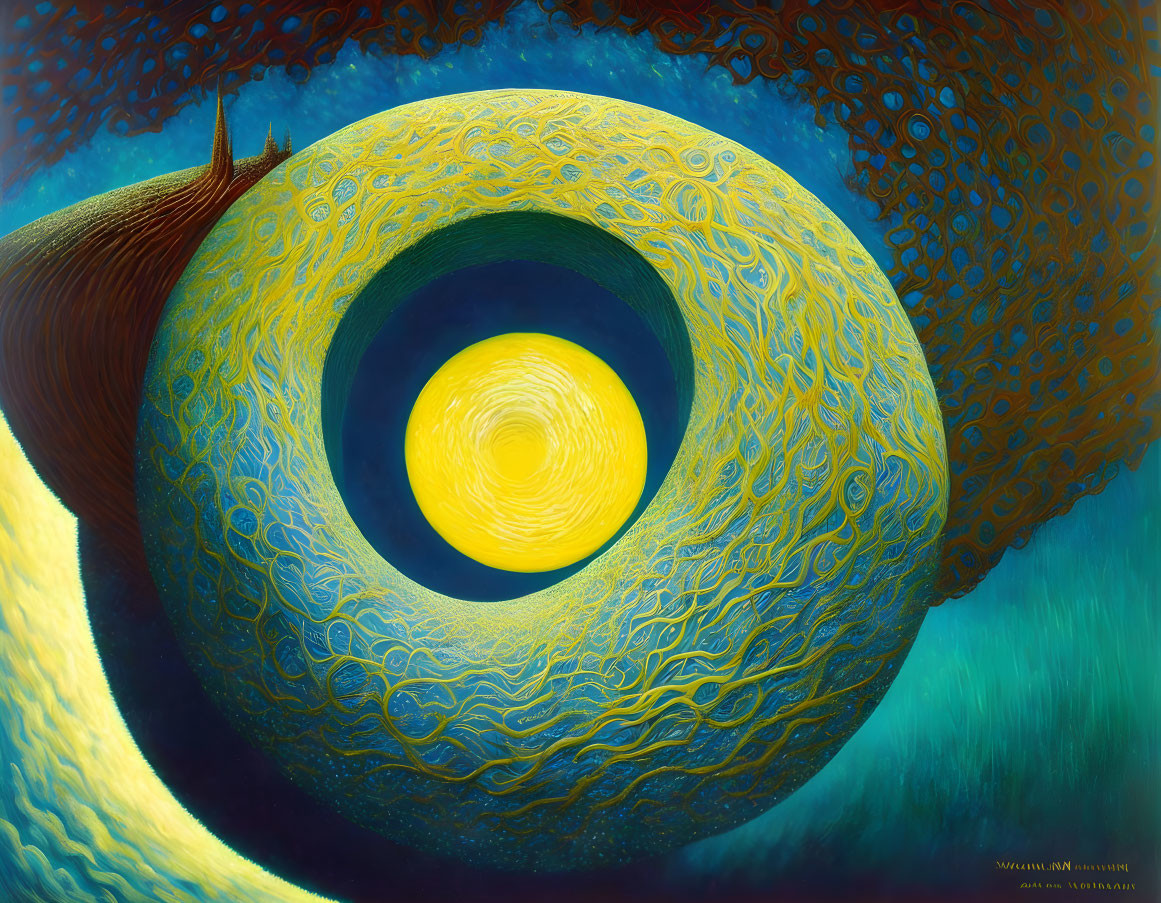 Abstract painting with yellow circular centerpiece and blue/turquoise swirls