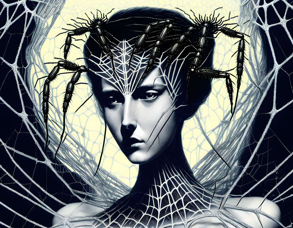 Digital artwork featuring person with spiderweb-like adornments in dark web pattern