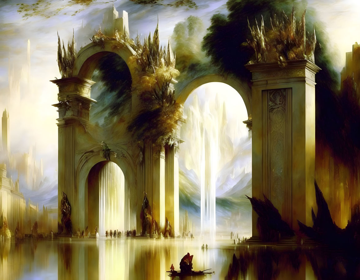 Fantasy cityscape with arches, waterfalls, reflective surface, and boat