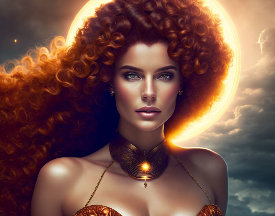 Portrait of woman with red curly hair, green eyes, golden jewelry, and sun circle.