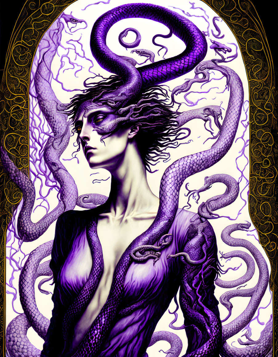 Illustration of person with snakes in fantasy theme on ornate golden backdrop