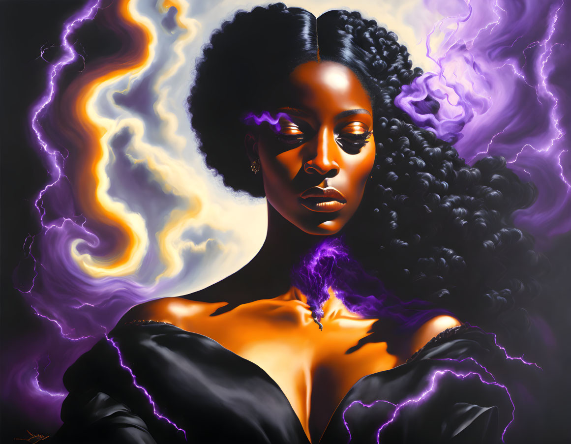 Digital Artwork: Woman with Afro and Mystical Energy Swirls