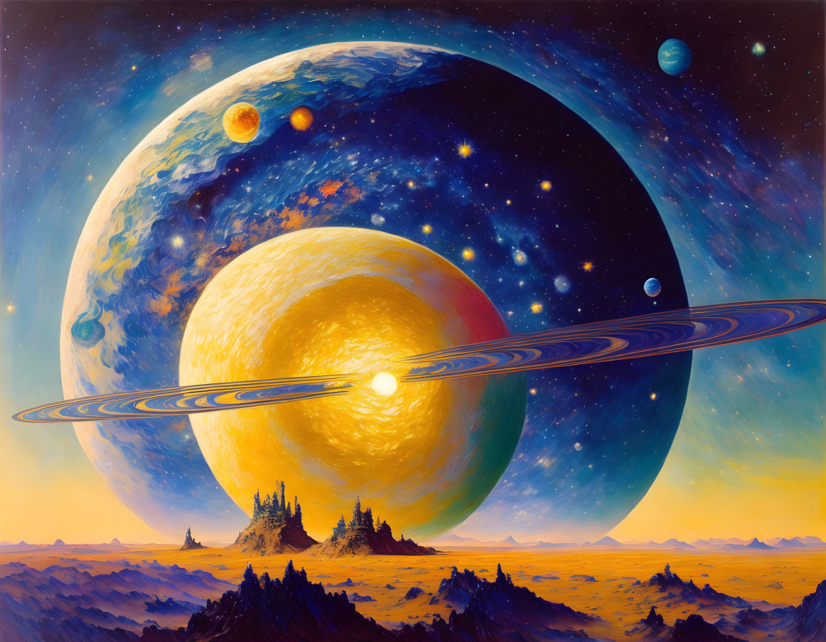 Colorful Space-Themed Painting with Ringed Planet, Sun, Celestial Bodies, and Alien Terrain