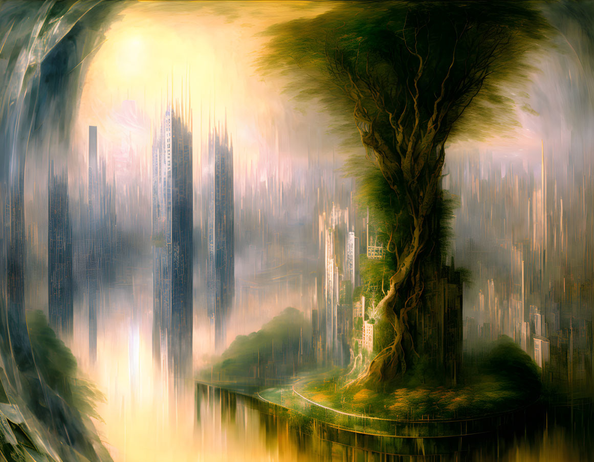 Surreal landscape with colossal tree, floating island, and futuristic city skyscrapers in circular frame