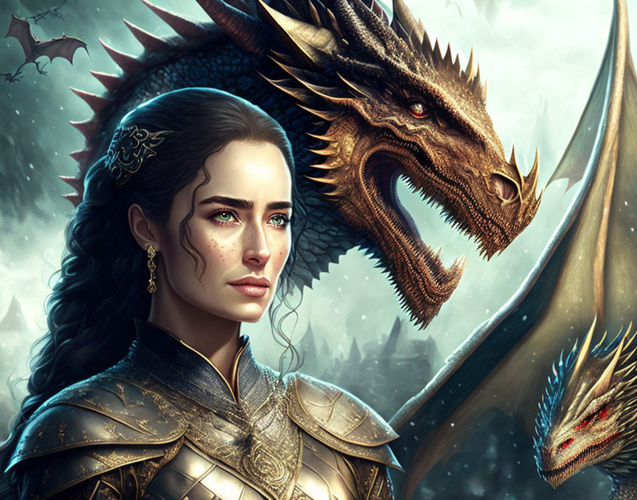 Digital artwork: Stern woman in armor with dragon in fantasy/medieval setting