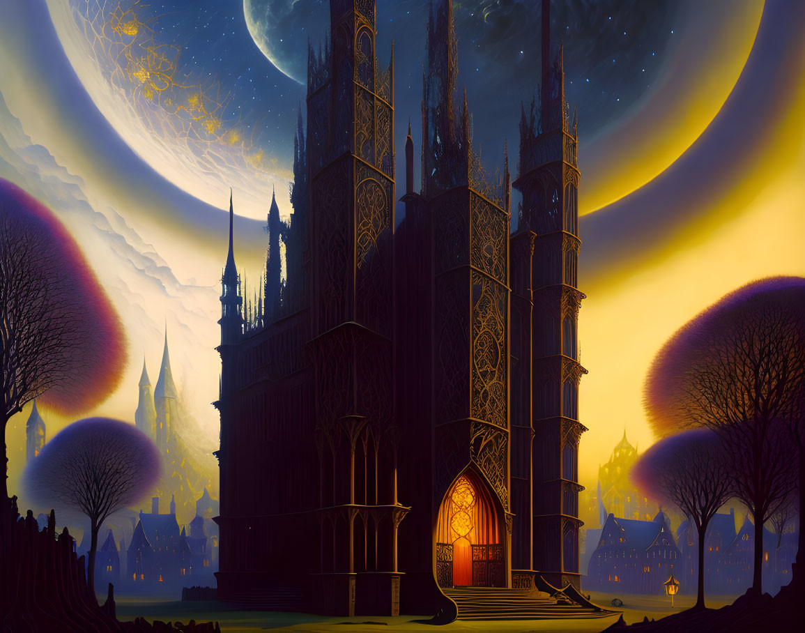 Gothic-style castle in surreal night scene with crescent moon