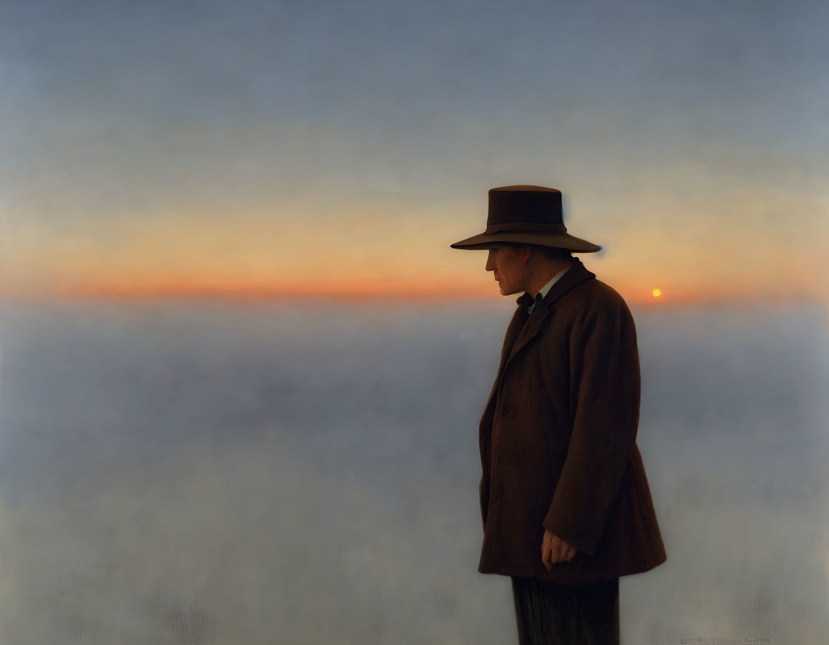 Man in Brown Suit and Hat in Misty Landscape at Sunset