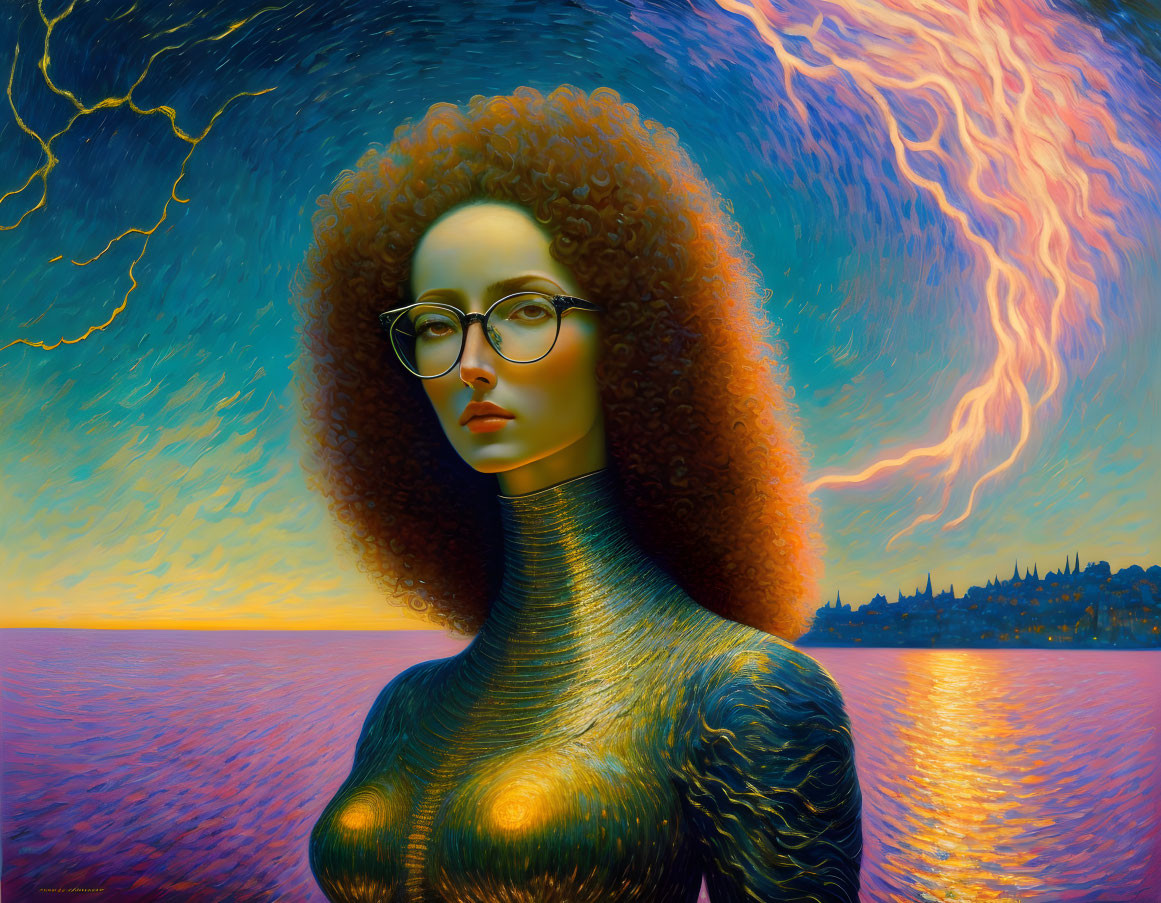 Curly-haired woman with glasses in surreal seascape