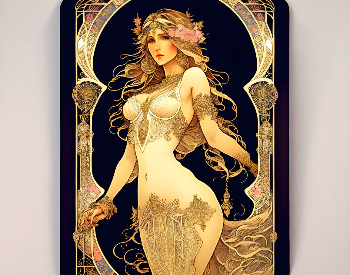 Art Nouveau Woman Illustration with Flowing Hair and Floral Wreath