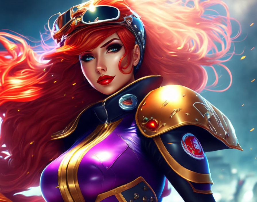 Vibrant illustration of red-haired woman in purple bodysuit and gold armor