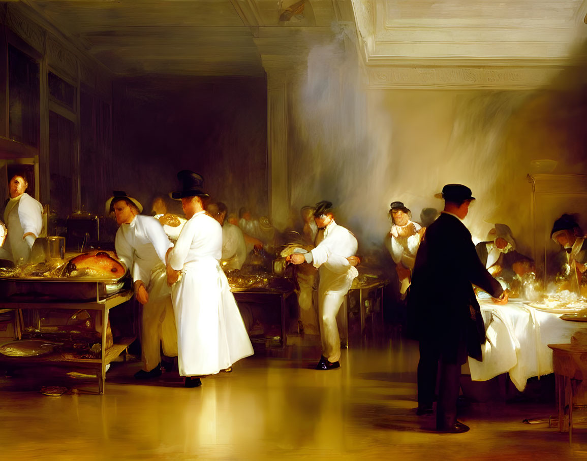 Vintage kitchen scene with chefs, man in top hat, warm glow