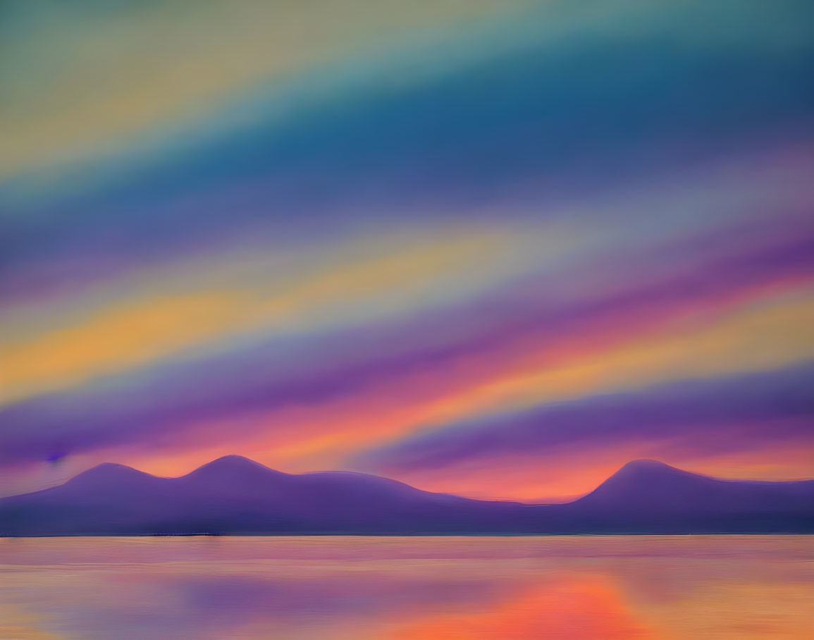 Colorful Sunset Sky Reflecting on Water with Silhouetted Mountains