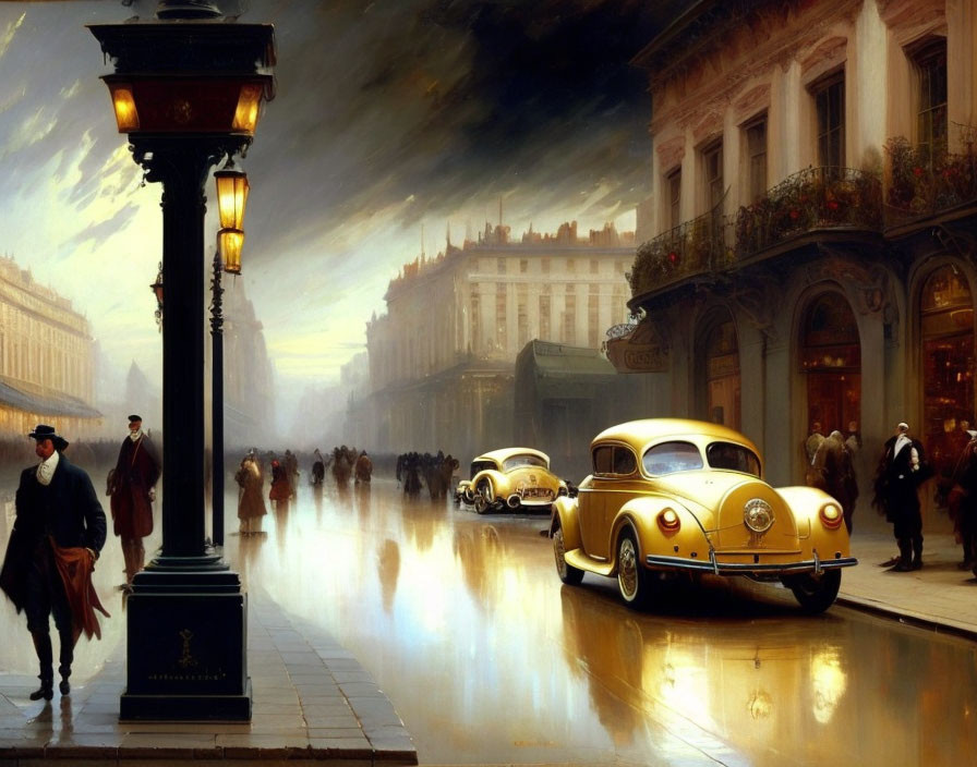 Classic cars, pedestrians, lamppost, and elegant buildings in vintage street scene at sunset.