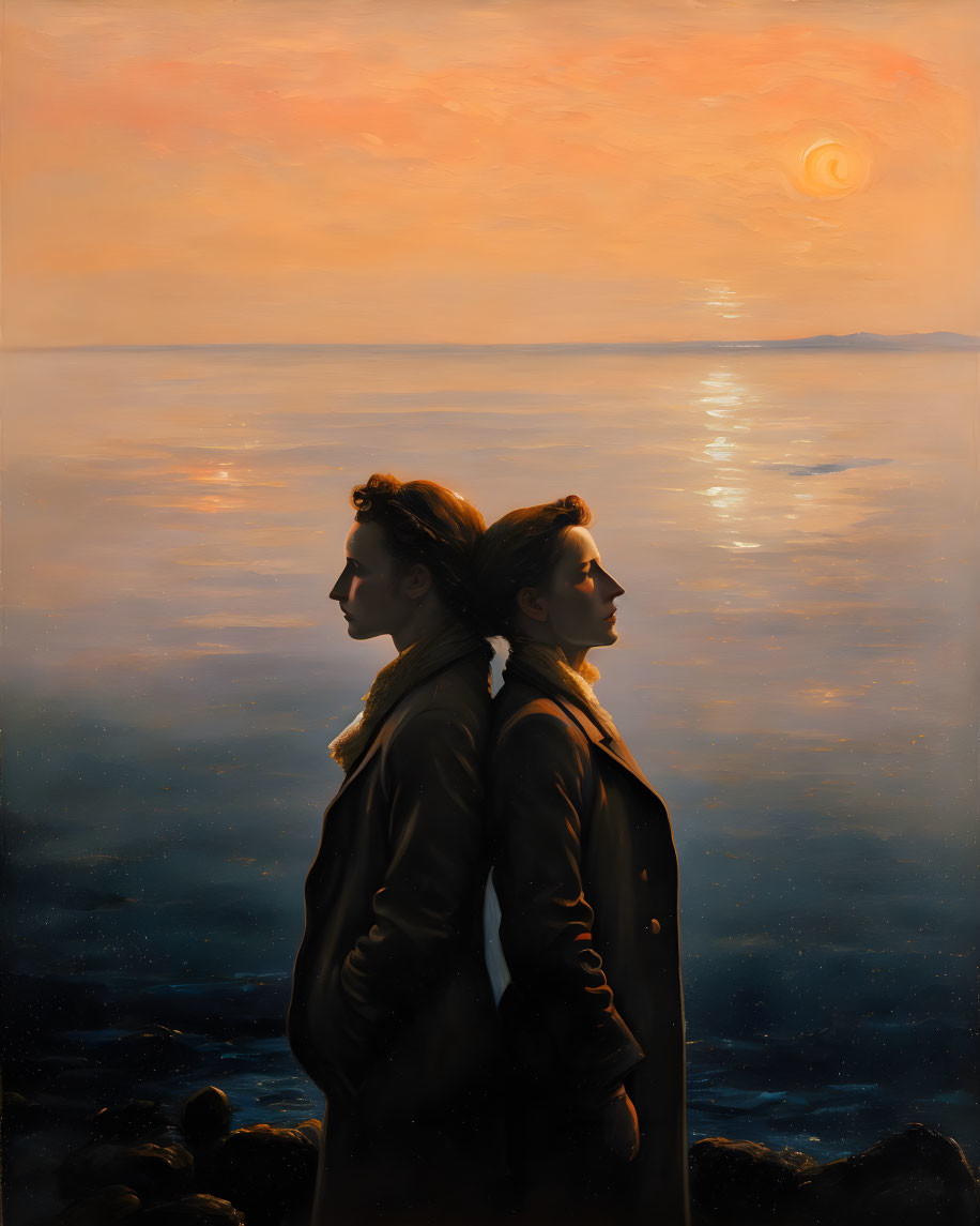 Two people back-to-back in front of serene seascape with sunset sky and spiral cloud