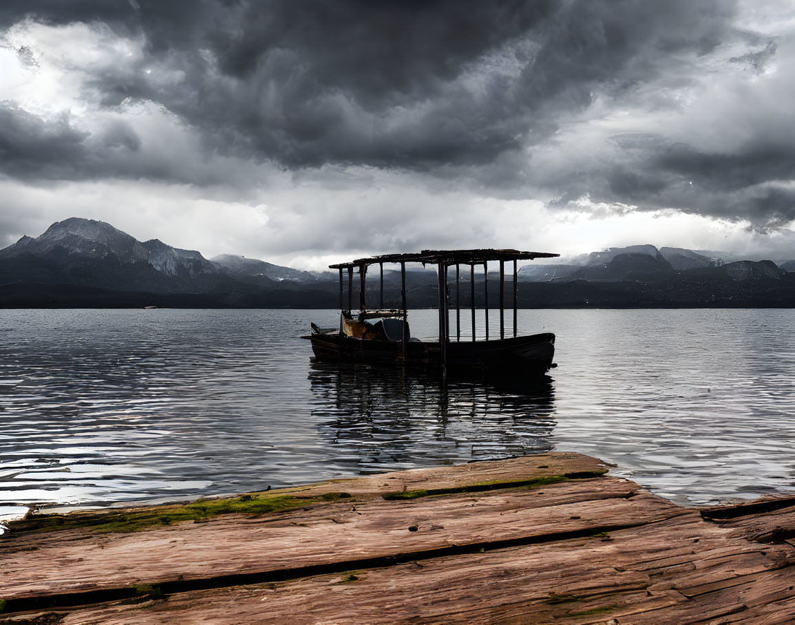 Weathered wooden boat on calm lake with cloudy skies & distant mountains