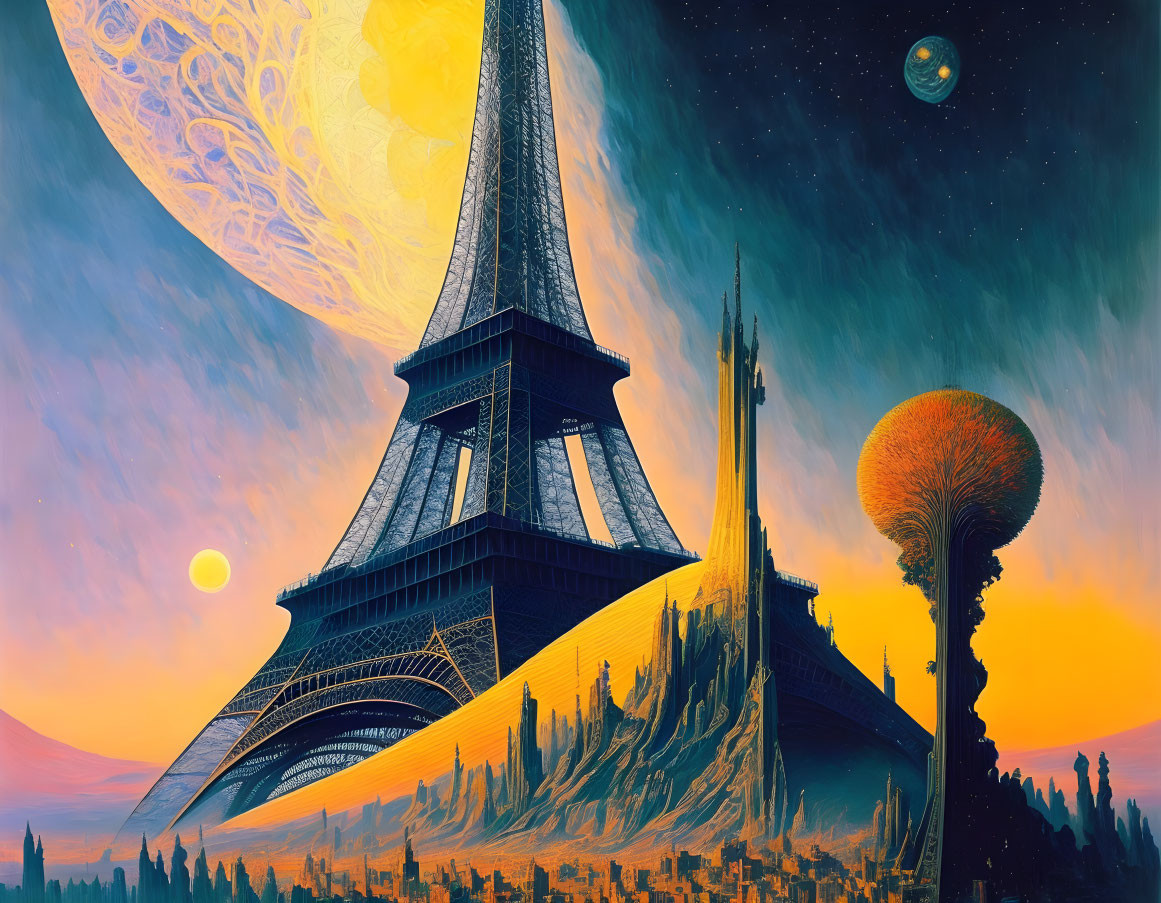 Fantastical Eiffel Tower with cosmic backdrop.