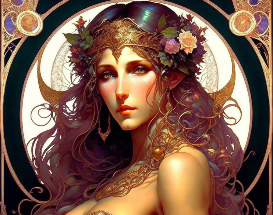 Detailed digital art: Woman with flowing hair, floral crown, ornate jewelry, mystical background.