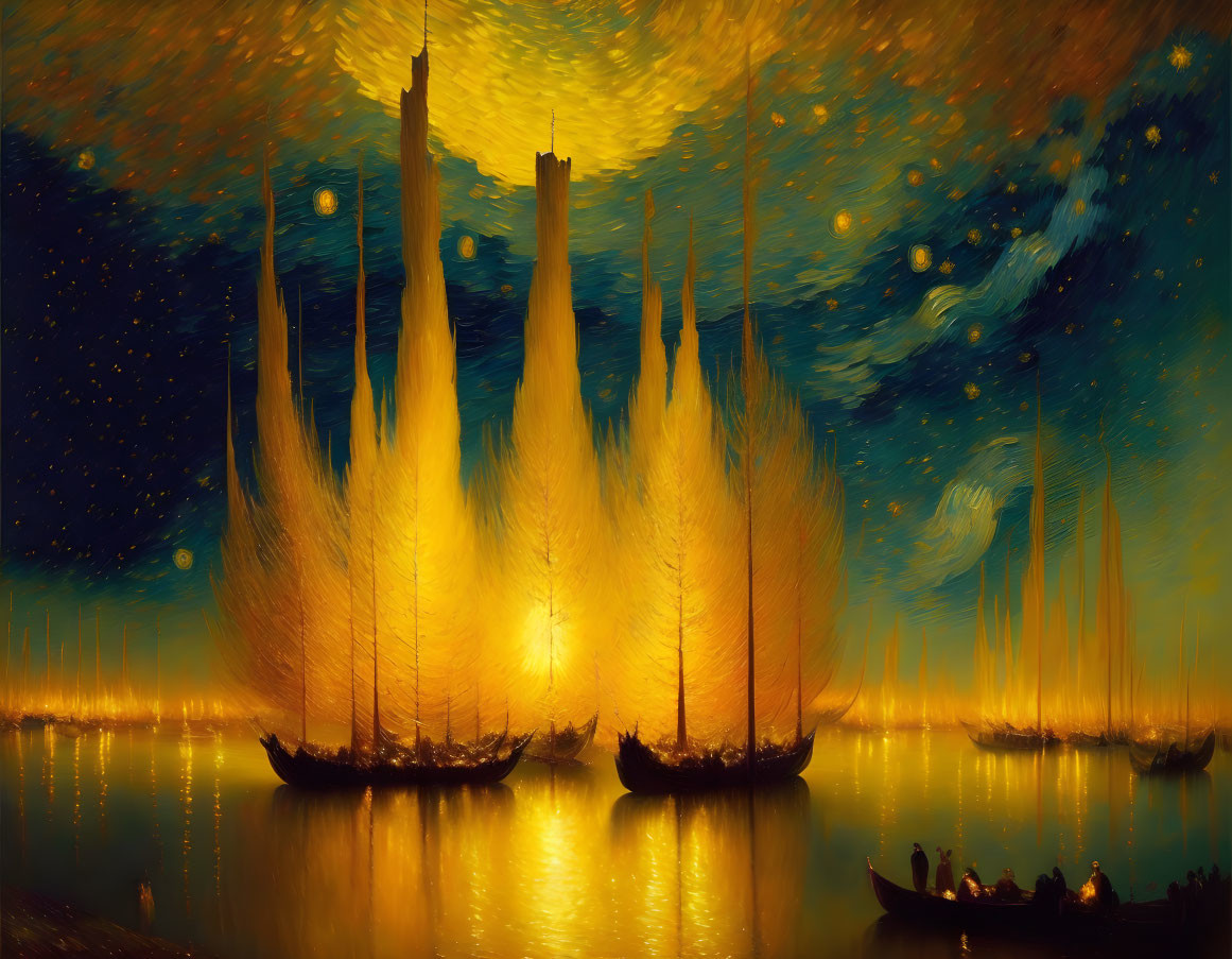 Golden sailboats on tranquil waters under a starry night sky