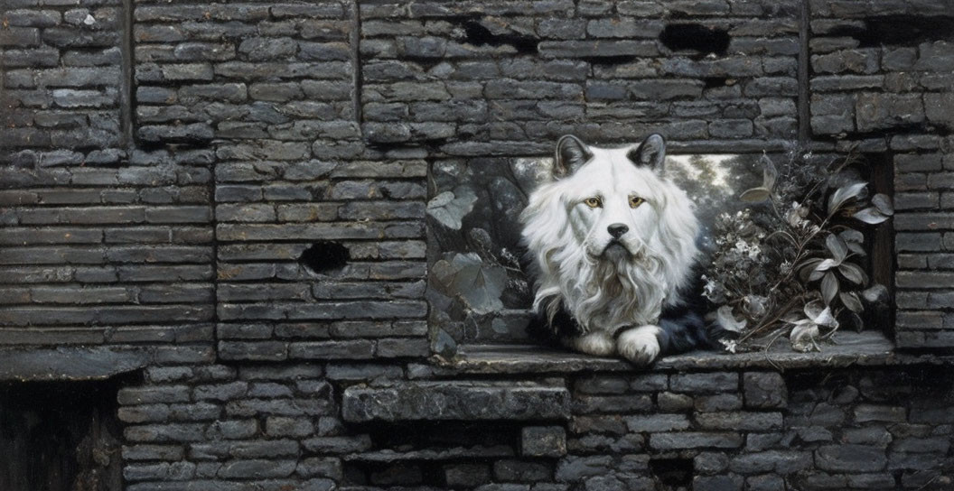 White Dog Looking Through Rectangular Opening in Weathered Black Brick Wall