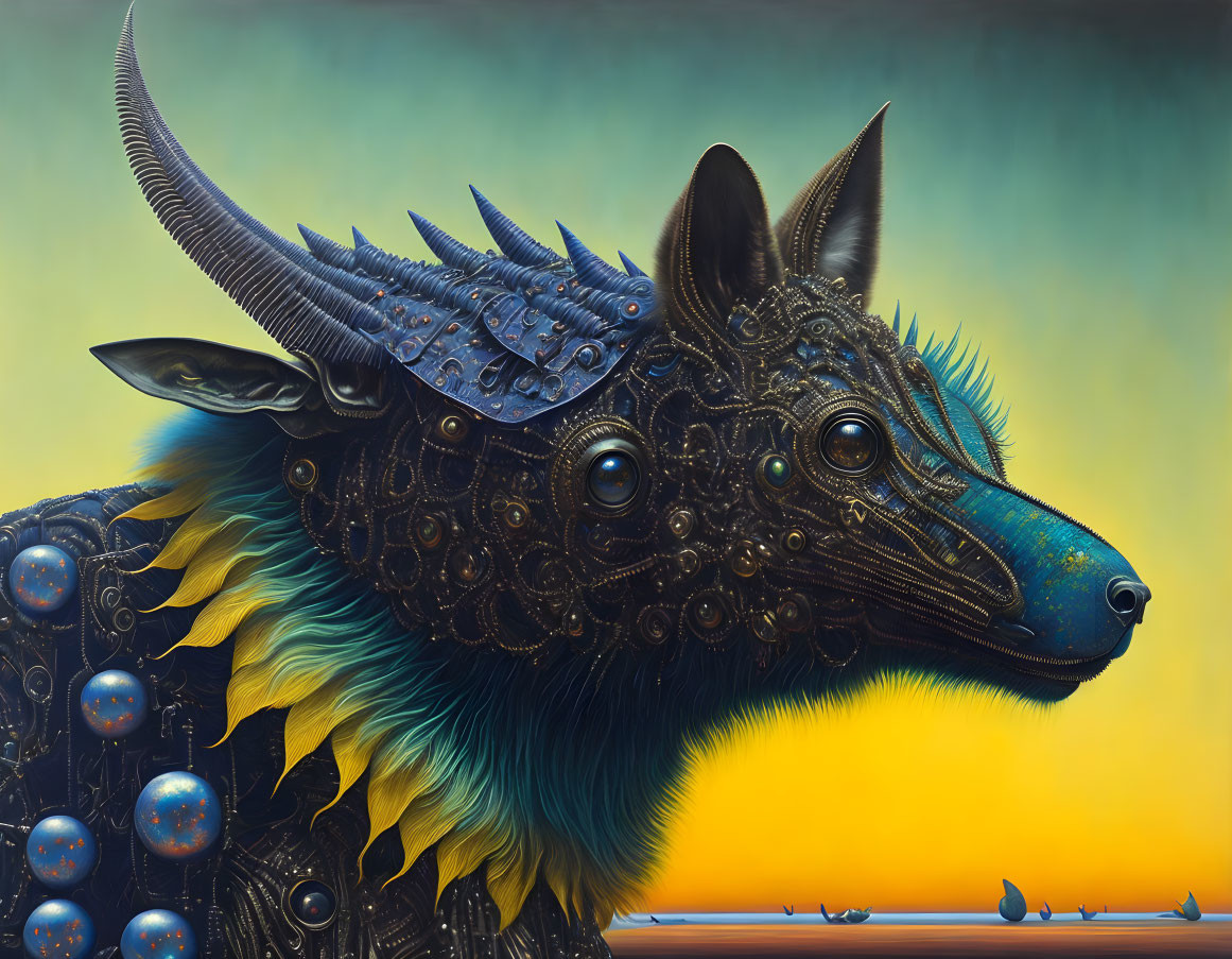 Armored creature with canine-like face and horns against vibrant sky