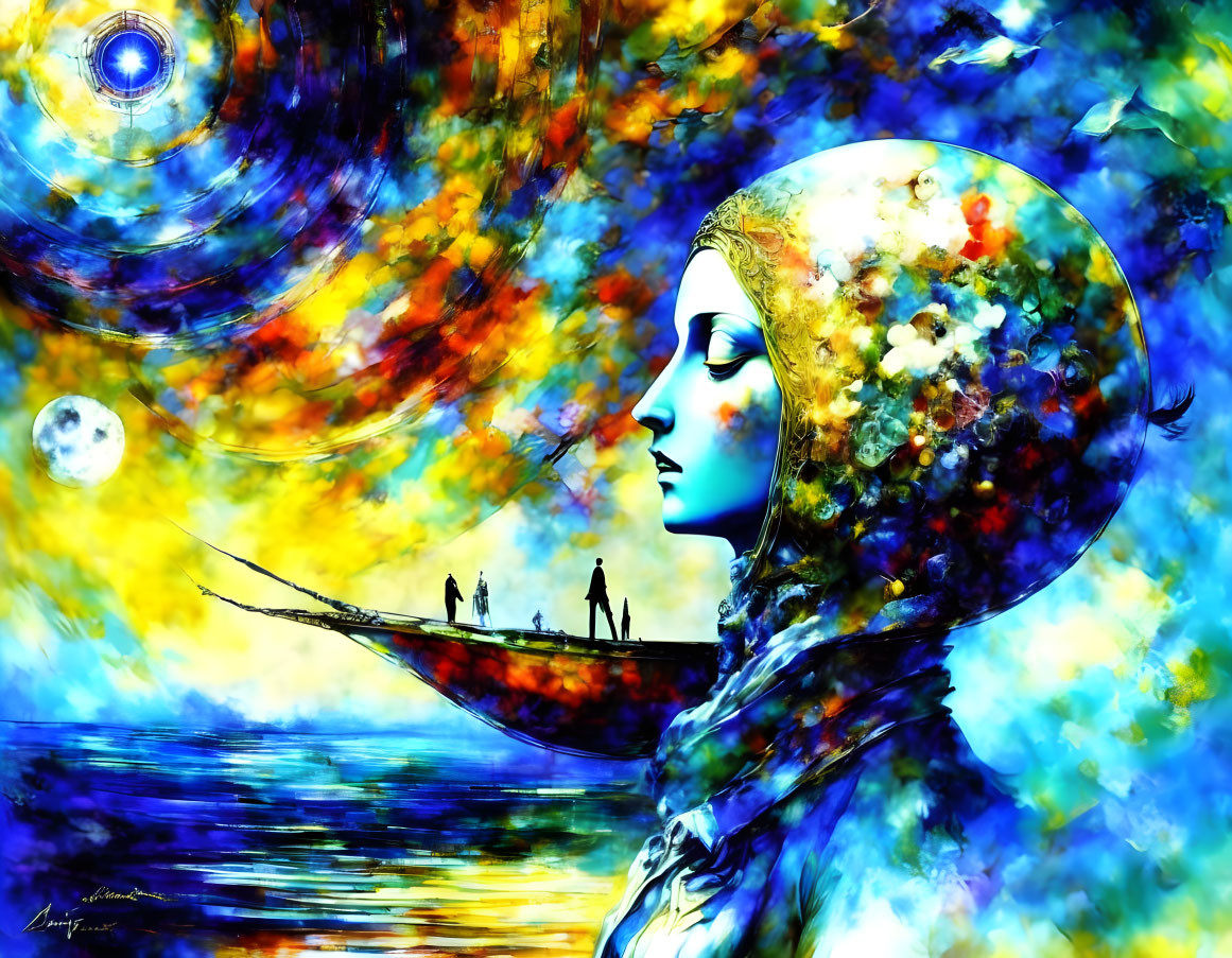 Digital artwork: Woman's profile with cosmic elements - boat, moon, eye, colorful swirls