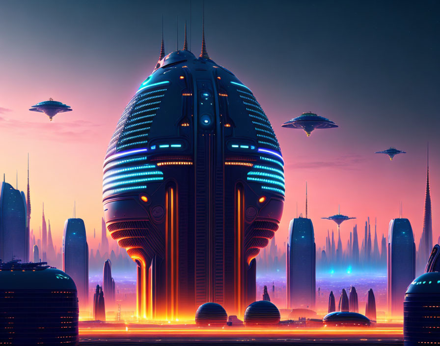 Neon-lit futuristic cityscape with flying vehicles and advanced skyscrapers