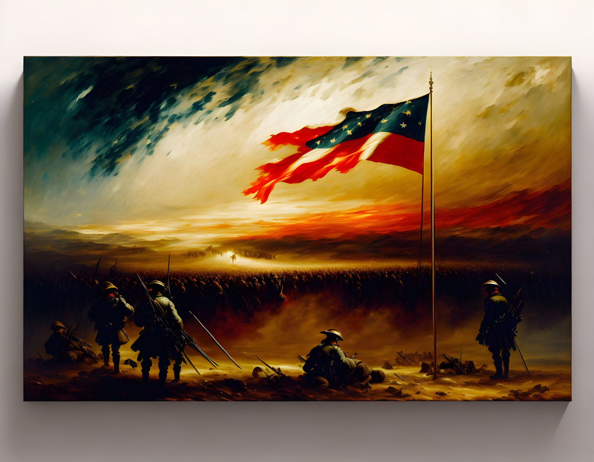 Soldiers by American flag on battlefield with dramatic sky and fiery horizon