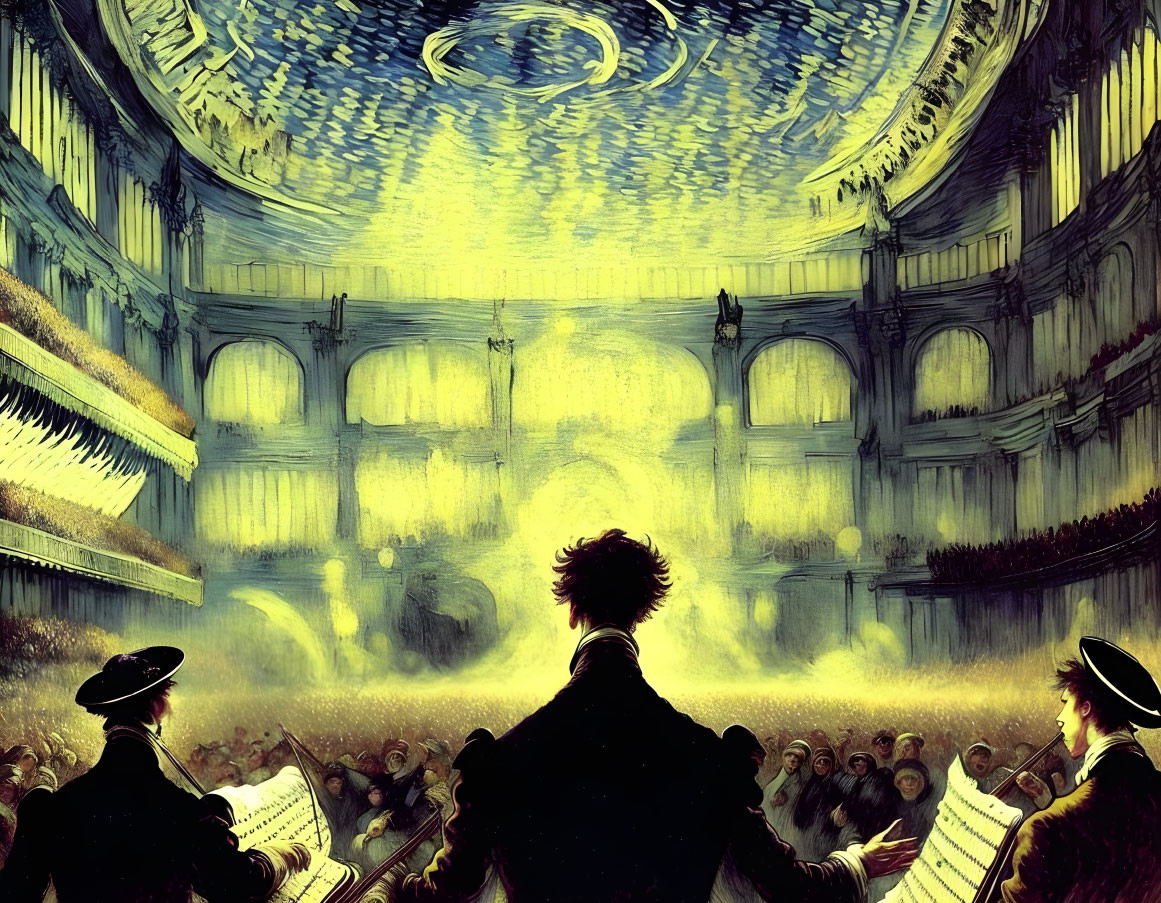 Orchestra conductor at grand opera house with mystical lights and period audience