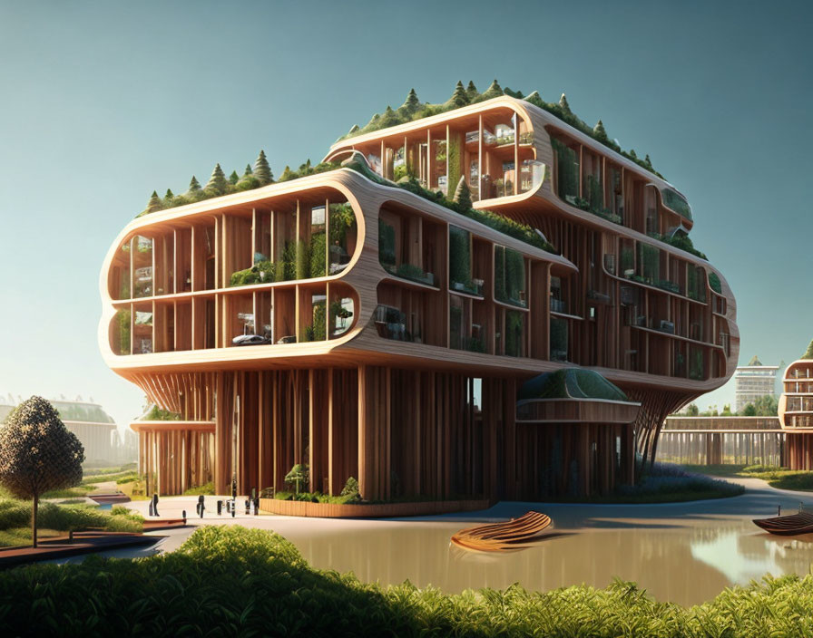 Organic design wooden building in green landscape