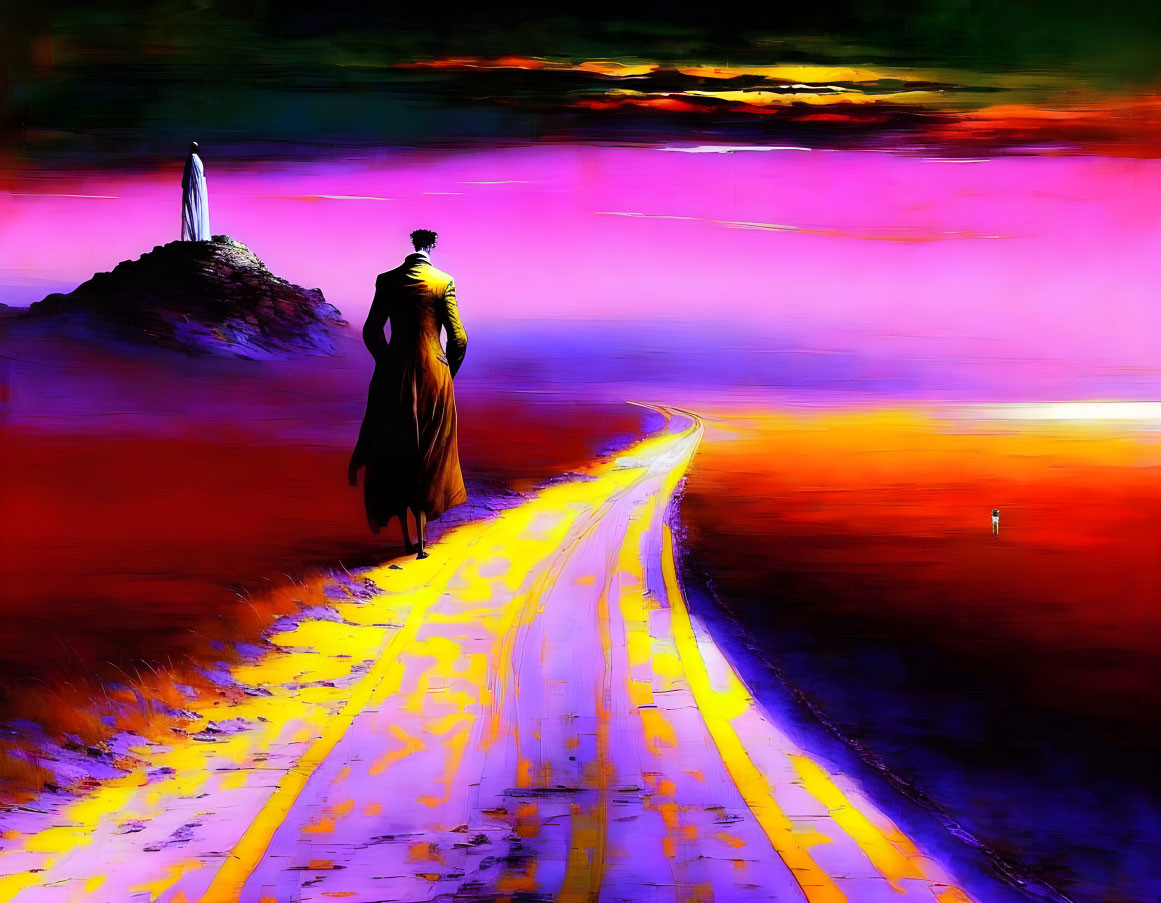 Vibrant digital artwork: Figure in coat on colorful road to distant tower.