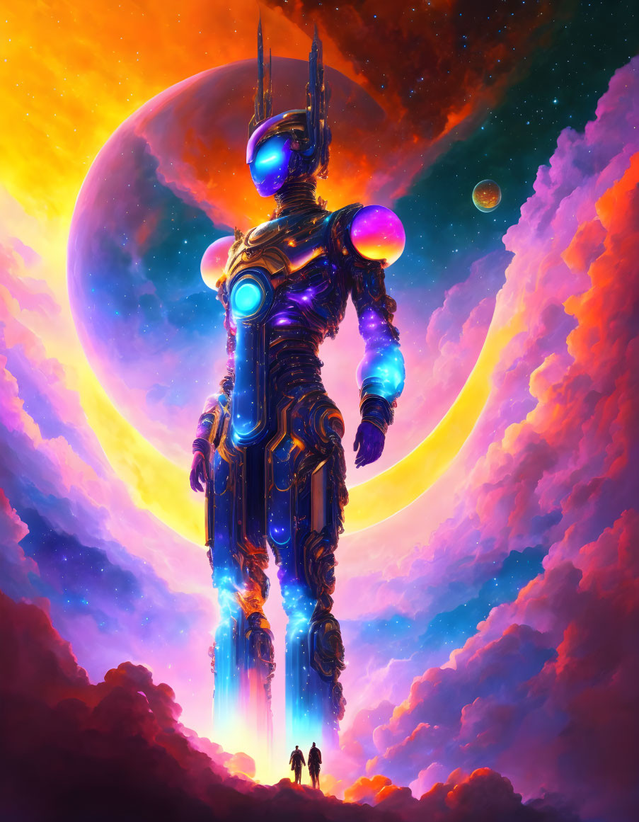 Giant futuristic robot under colorful moon with two small figures