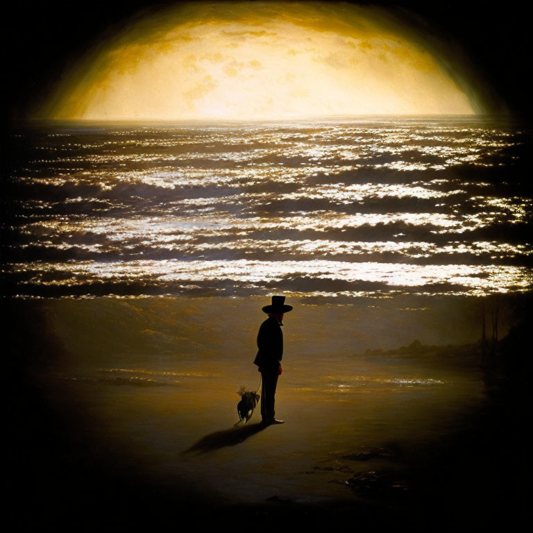 Silhouette of person with dog against golden-lit ocean and sun