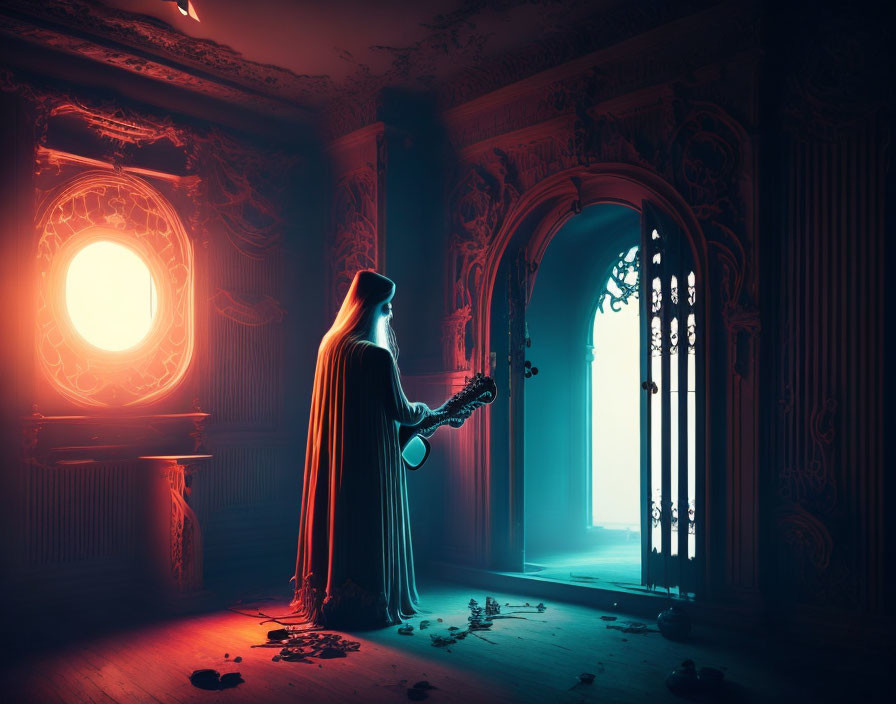 Silhouetted robed figure in ornate room with bright light and open door.