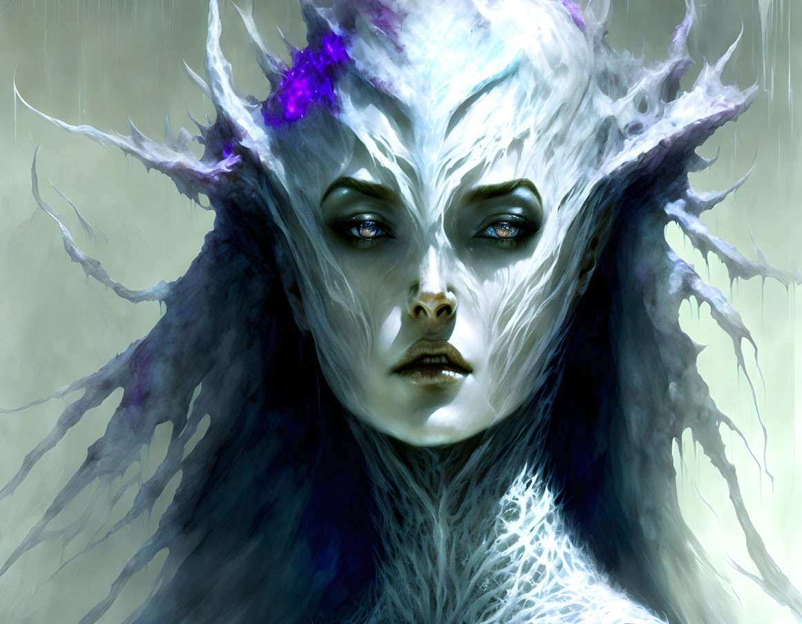 Fantasy Female Figure with Pale Skin and White Hair in Mystical Setting