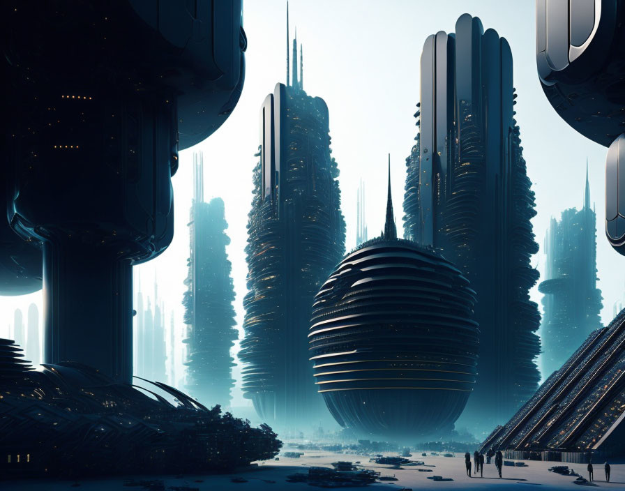 Futuristic cityscape with sleek skyscrapers and spherical structures