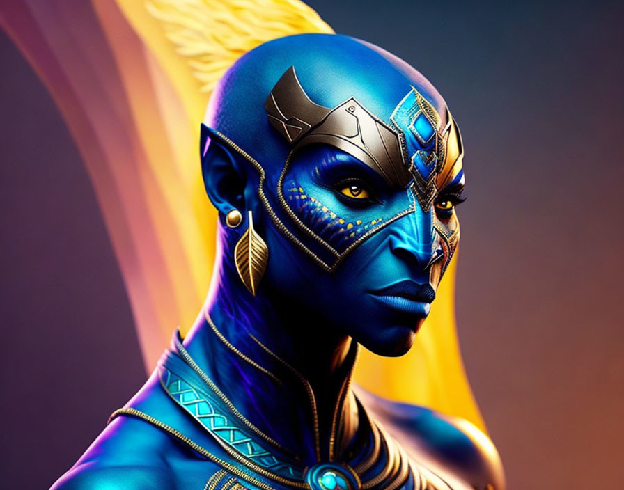 Vibrant blue and gold tribal-inspired makeup and headgear portrait