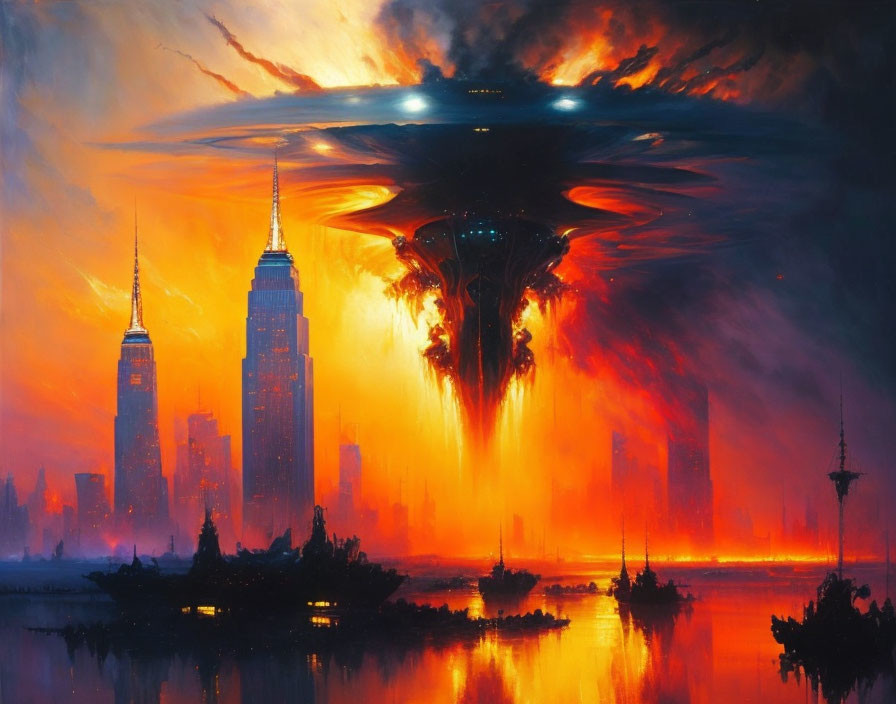 Giant alien spaceship over burning cityscape at sunset