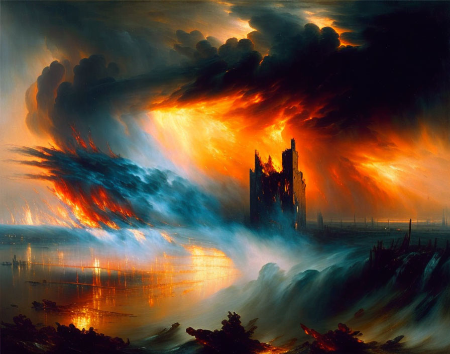 Dramatic painting of fiery sky, dark clouds, blazing structure, rough seas.