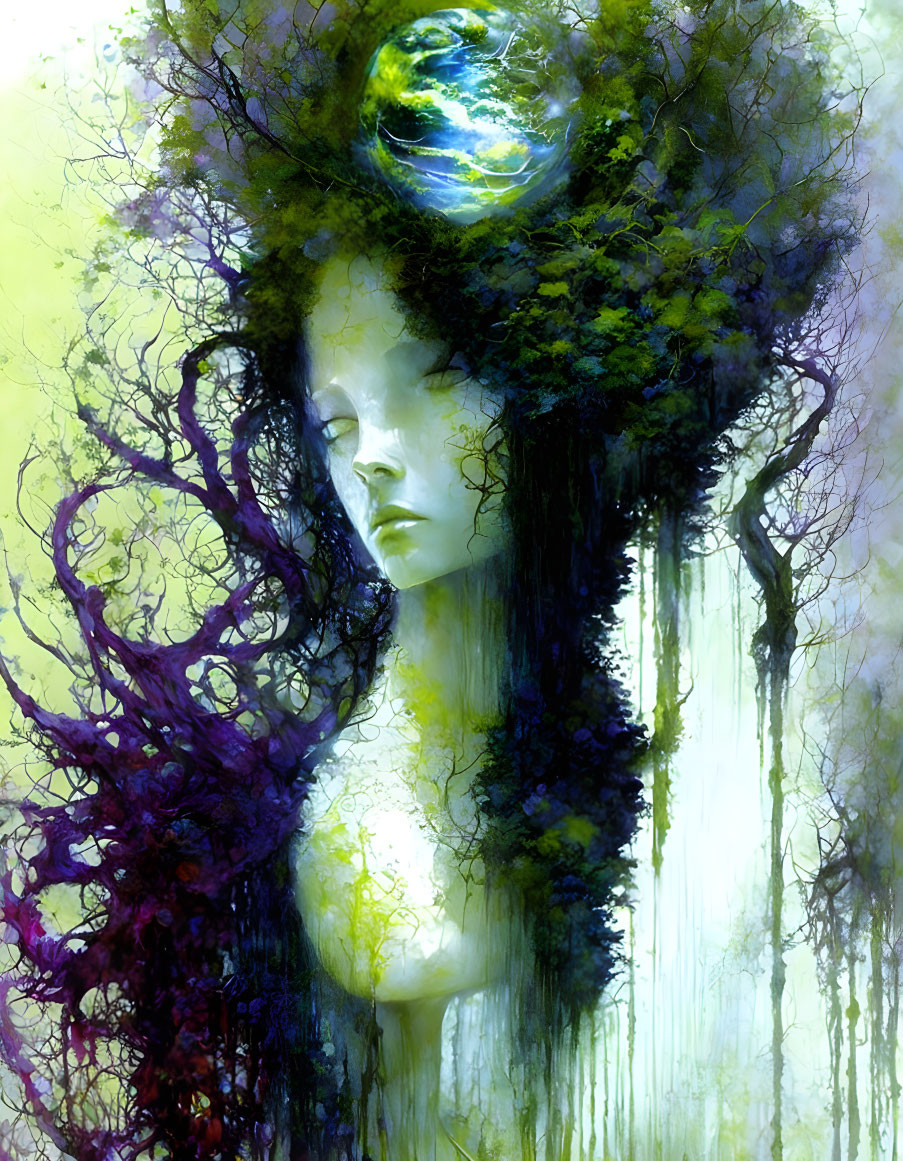 Surreal portrait of female figure with tree-like crown and glowing Earth in misty background