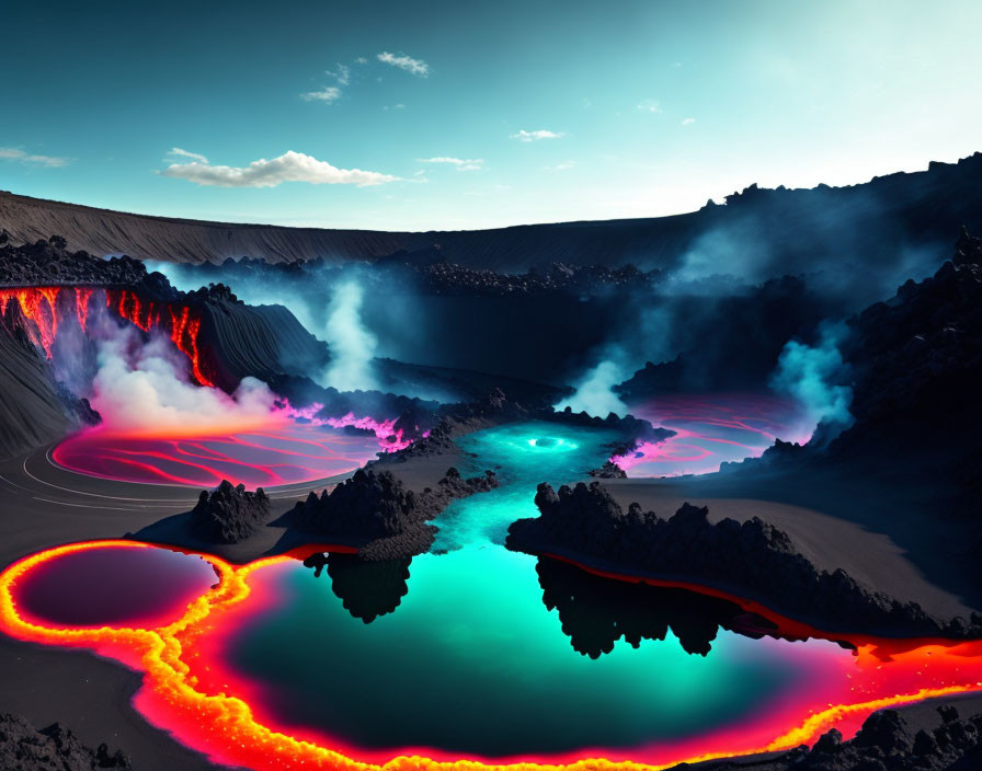 Vivid volcanic landscape at dusk: glowing lava, reflective lake, and crater smoke.