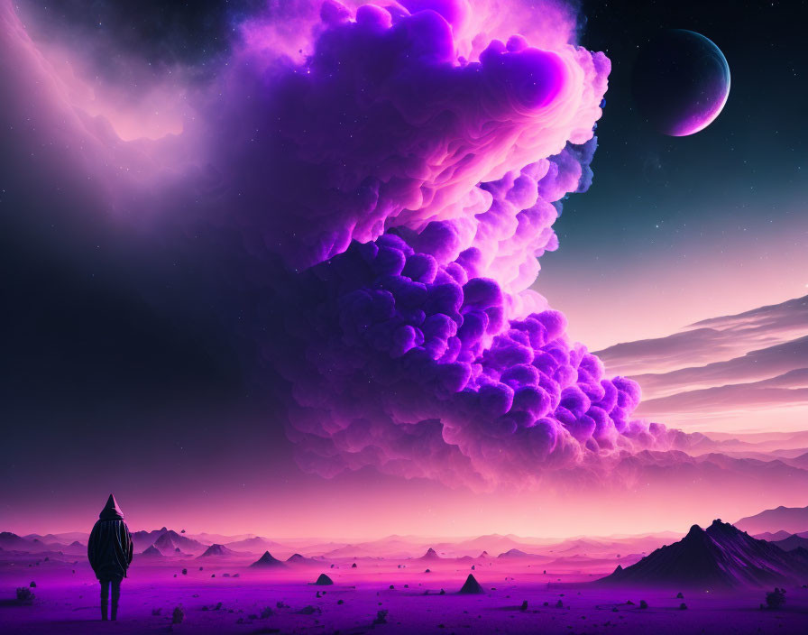 Person gazes at surreal purple sky with crescent moon above barren landscape