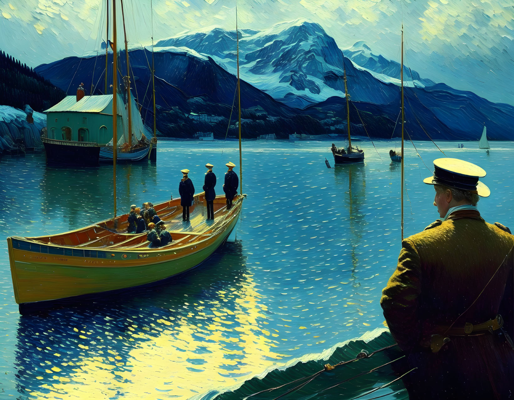 Vintage harbor scene with people in old-fashioned attire, man in uniform, and majestic mountain.