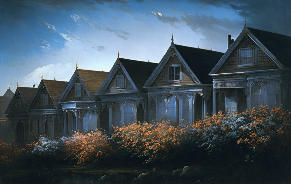 Victorian-style houses at dusk with vibrant orange and blue flowers.