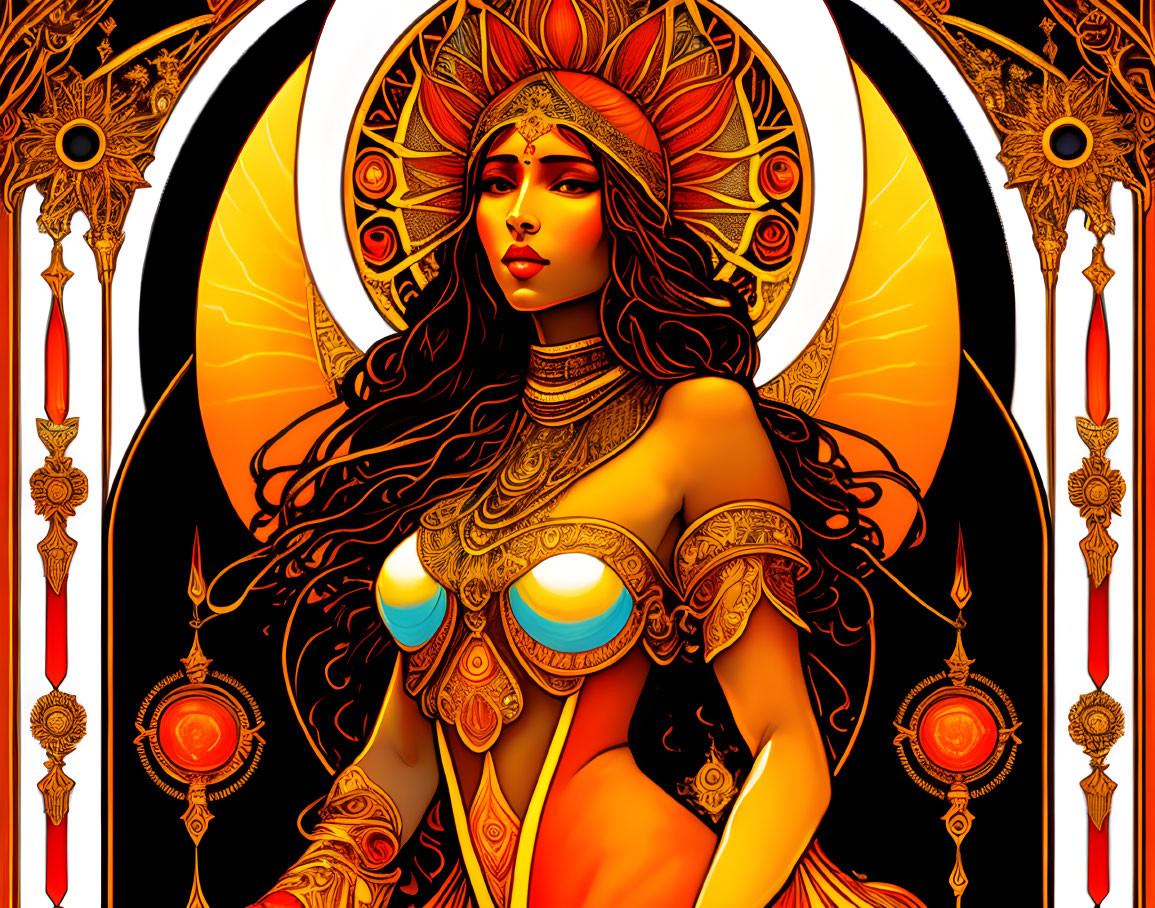 Detailed illustration of woman with ornate headdress and jewelry in warm colors and intricate patterns on symmetrical