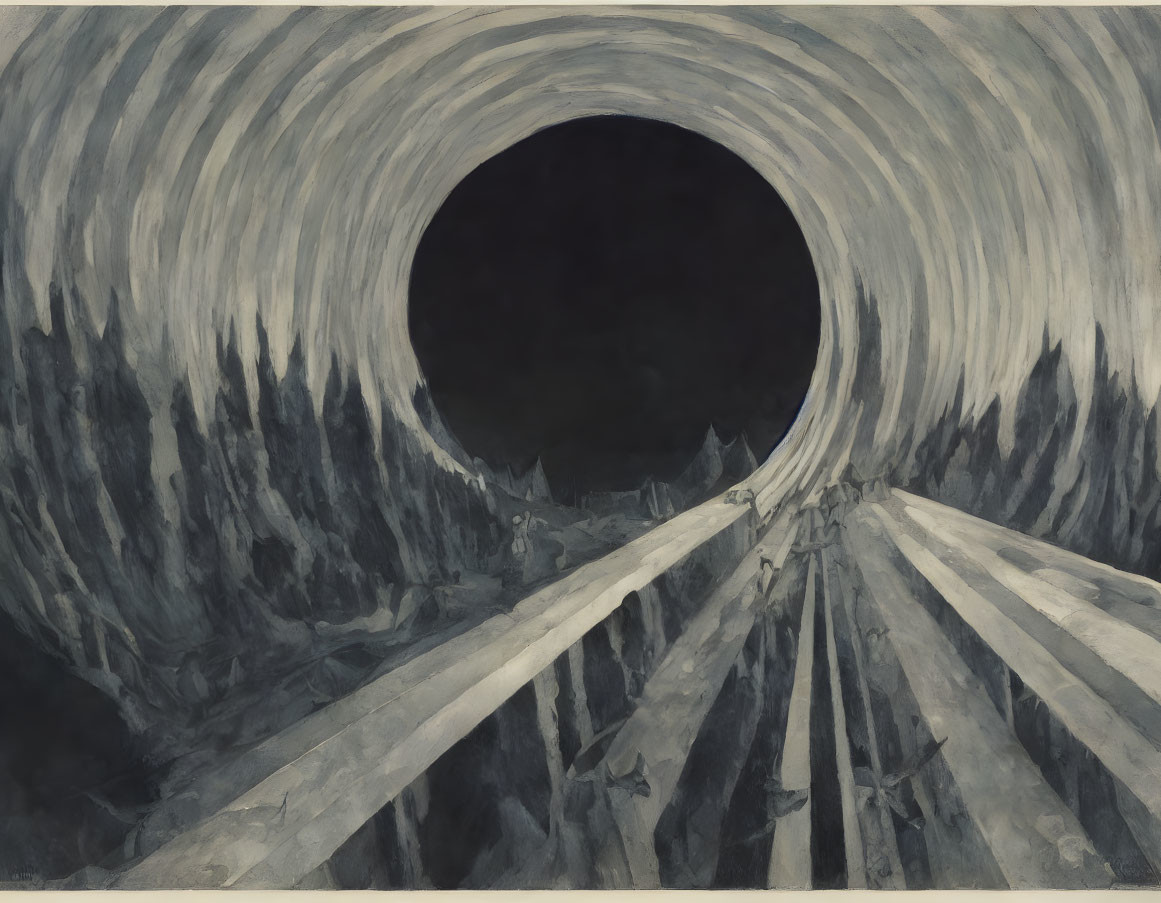 Monochromatic painting: Dark tunnel with converging light rays and stylized trees