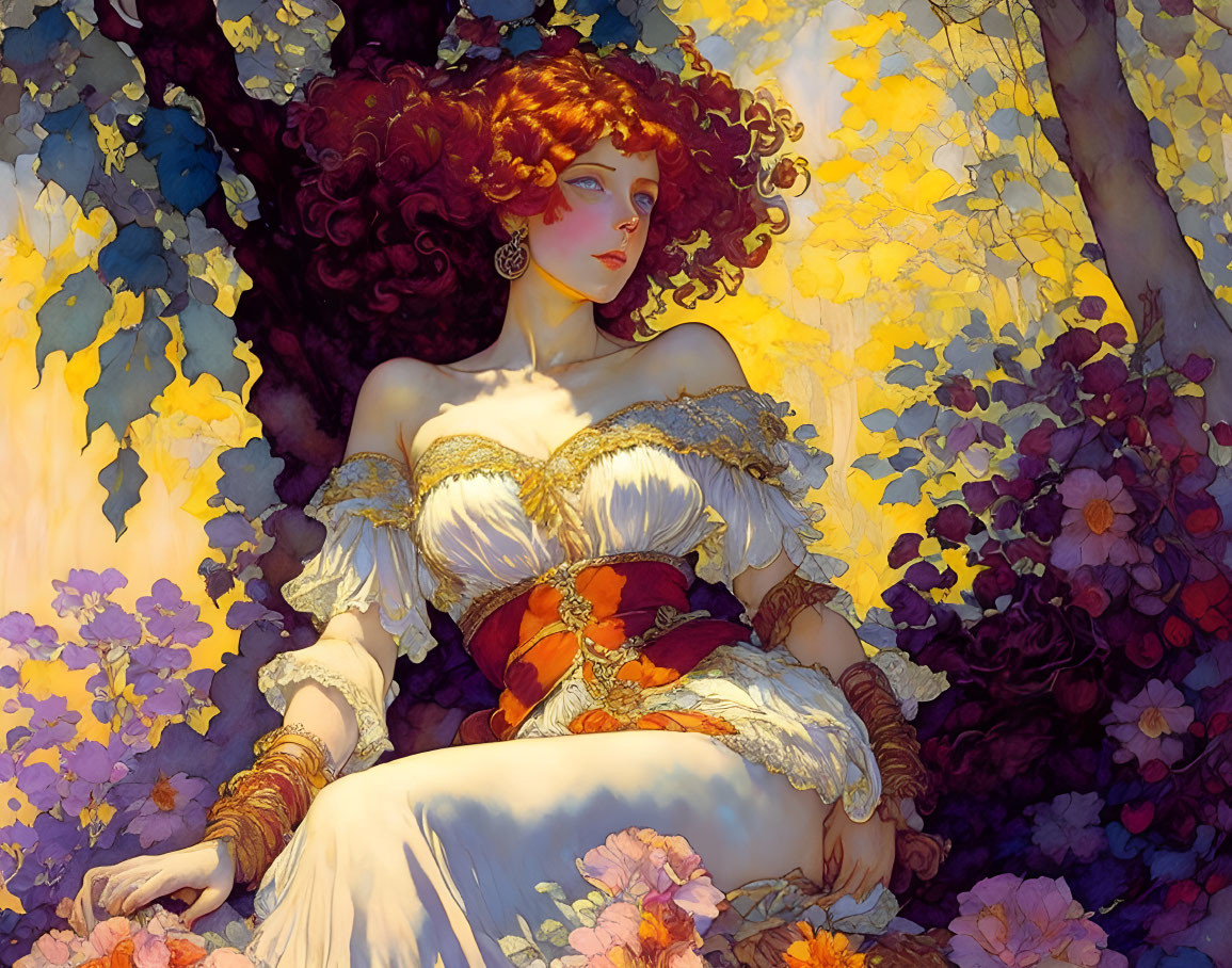 Vibrant painting of woman with curly red hair in white and gold dress