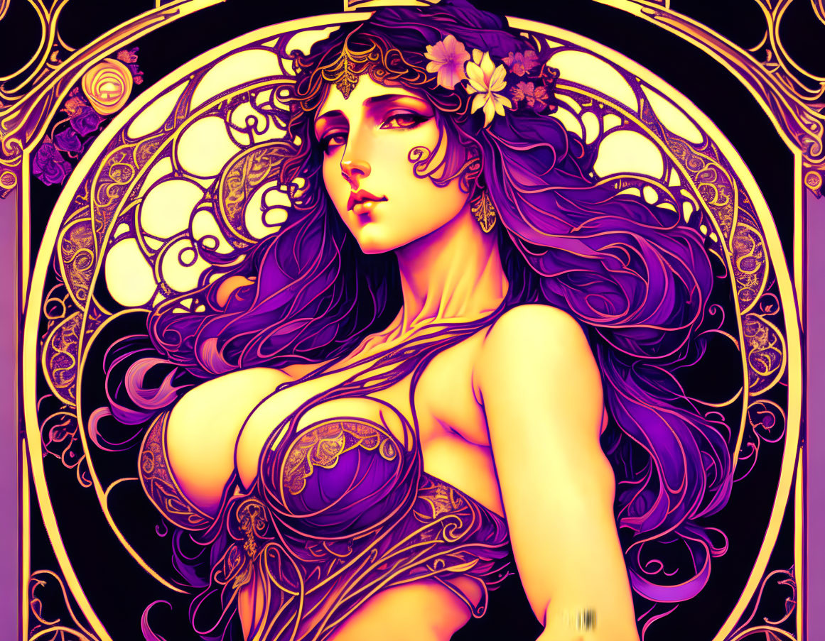 Colorful Art Nouveau Woman Illustration in Purple and Gold