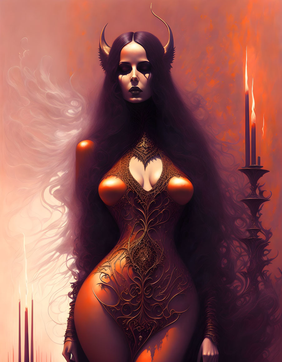 Stylized illustration of woman with horns and body art on orange backdrop