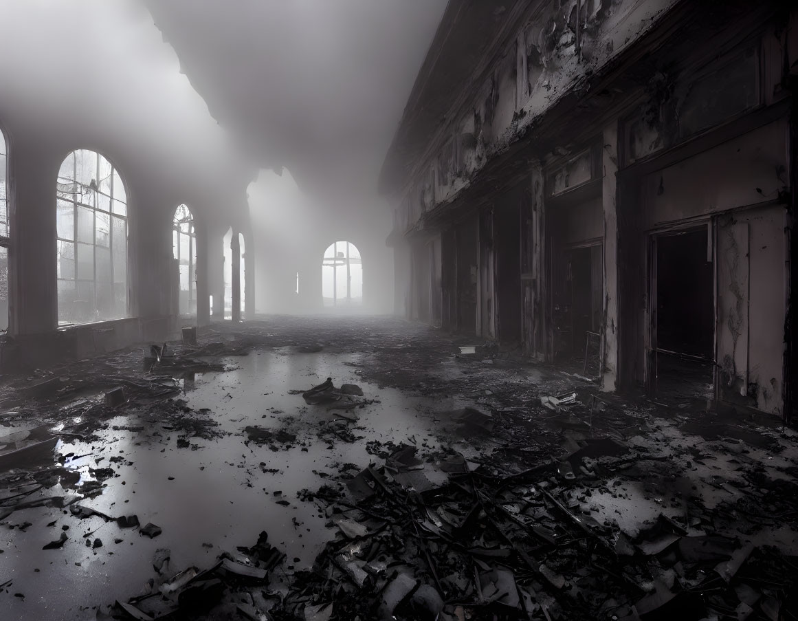 Abandoned room with debris, arched windows, and foggy atmosphere