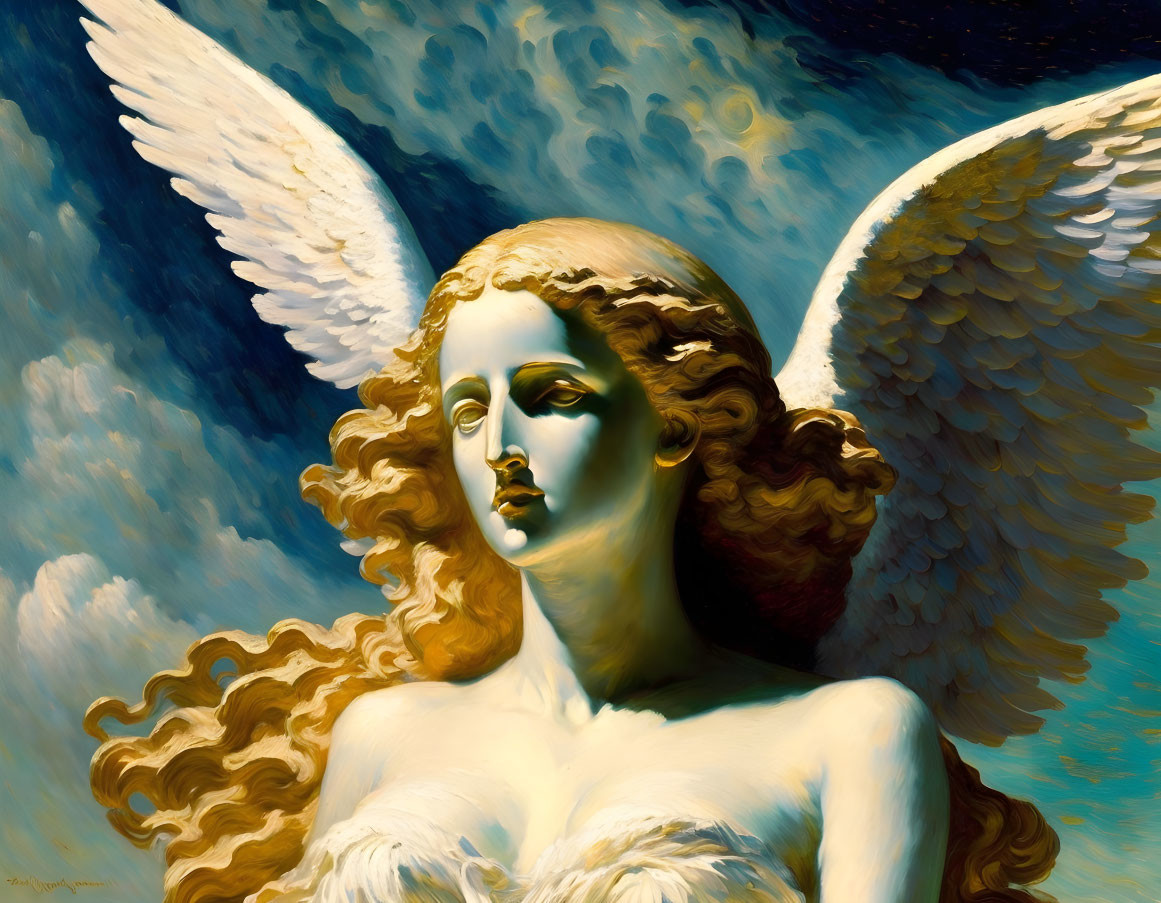 Golden-haired angel with white wings under blue sky